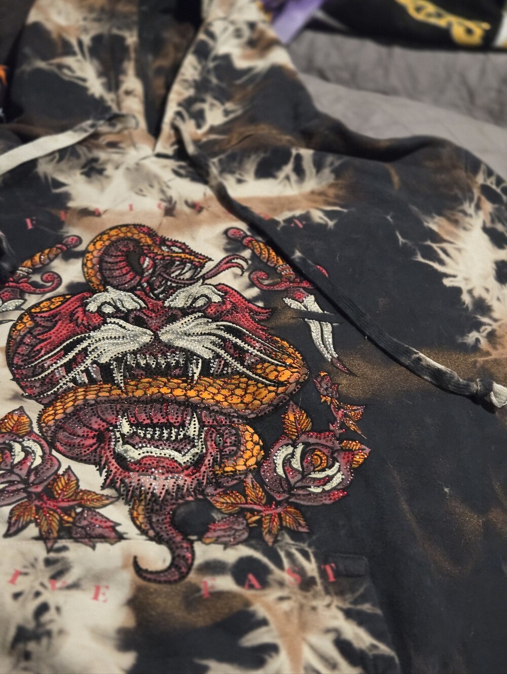 Affliction Black Tie-Dye Hoodie with Orange and Pink Graphic